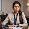 grumpy woman in business attire on online meeting